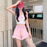 Summer 2022 Thin Frayed Pink Denim Shorts Women Tassel Hot