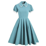 Solid Blue Vintage Swing Dress With Pocket Women Summer Retro 40s 50s 60s Pinup Rockabilly Party Dress Vestido Robe