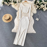 Zingj Ripe Wind Two Sets Female Summer Temperament Short Long Sleeve T Shirt Top High Waist Slim Slit Hip Long