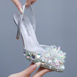Cm Silver Light-Mouthed Pointed Sandals Water Drill Glass Fine Heel Sandals Large Wedding Shoes Bride Wedding Women's