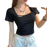 Zingj French Square Collar Short High Waist Crop Short Sleeve T-Shirt Women's Slim 2024 Summer Bottom Top