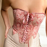 Floral Embroidery Tube Corset Crop Top Y2k Sexy Strapless Sleeveless Spring Summer 2022 Bandage Pink Tank Tops