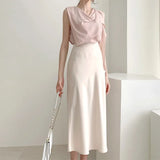 High Waist Satin Skirt Women Casual A-Line Midi Silk Slim Summer