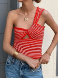 Knitted Stripe One Shoulder Tank Top- Outfit