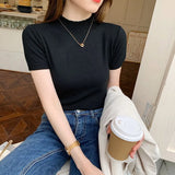 Summer Knitted Sweater Pullovers Short Sleeve Turtleneck Thin Sweater for Women Female Slim Jumper Office Lady