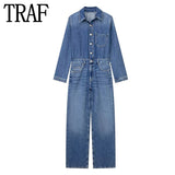 Blue Denim Jumpsuit Women Elegant Long Jumpsuits Woman 2023 Long Sleeve Jean Woman Jumpsuit Straight Leg Summer