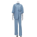 Women's Shirt Pleated Two Piece Set Loose High Waist Wide Leg Pants Suit 2022 Casual Elegant Office Ladies Female