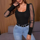 Zingj Women's Wear 2024 Summer New U Collar Mesh Sleeve Splicing Pure Color Versatile Show Thin Temperament T-Shirt Women's