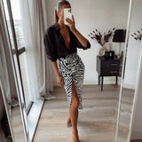 Zebra Stripes Print Women Midi Skirt High Waist Pleat Summer Elegant Side Split Casial
