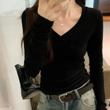 Gray V-Collar Slim Long-Sleeved T-Shirt A New Autumn And Winter Bottom Shirt With A Foreign Style To Show A Thin