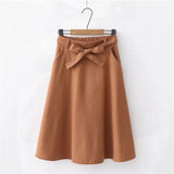 Women Skirt High Waist Pleated Knee Length Skirt Vintage A Line Big Bow