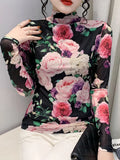 Winter High Neck Fashion Printed Thick Mesh Long Sleeve T-shirt Women Slim Trendy T Shirts Fashion Floral Top For