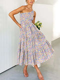 Summer Green Long Dress Women Elegant One Shoulder Dress Ladies Floral Print Maxi Party Pleated Dress For