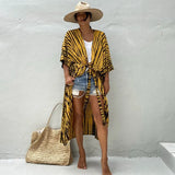 Queens Women Striped Half Sleeve Beach Loose Bohemian Maxi Dress Ladies V-neck Lace Boho Kimono