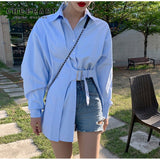 Fall 2020 Women Long Sleeve Blouse Blue Button Up Collar Korean Shirt With Belt Causal Top Fashion