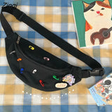 Casual Waist Bags Women Canvas Simple Fanny Belt Pack Brooch Decor Ladies Bum Bag Zipper Cross Body Pouch Students