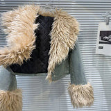 Denim Faux Fur Plush Sleeve Collar Jacket- Outfit