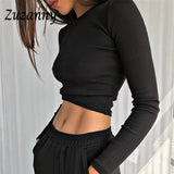 O Neck Long Sleeve Shirt Women Ribbed Sexy Cropped Tops Spring Black Casual Skinny Slim Basic Woman T Shirts