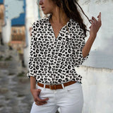 Long Sleeve Floral Leopard Print Tops and Blouses Office Lady Shirt Casual Button Turn-down Neck Wide Slim Blouse