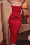 Quality Sexy Midi Dress Women 2023 New Arrivals Red Slip Dress Bodycon Dress Satin Fashion Party Night Black