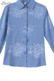 Women Shirts Polo Neck Silk Print Floral Vintage Top Button Up Shirt Satin Long Sleeve Blouse Ladies Tops Female Basic OL