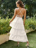 Backless layer ruffle lace up party dress women Summer sexy frills v-neck maxi dresses Spaghetti straps elegant