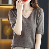 Zingj 2024 New Short-Sleeved Sweater Women's T-Shirt Solid Color V-Neck Short-Sleeved Bottom Shirt Top Thin Style A Hair-Outfit