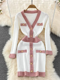 Women Knitted Dress Korean Fashion Spring Sexy V-Neck Elegant Long Sleeve Bodycon Slim Stretch Sweater Dress Casual Robe