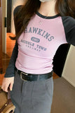 Color Shoulder-Sleeved Letter Printed Long-Sleeved T-Shirt Women's Autumn New Bottomed Shirt Round Neck Short