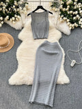2024 Retro Knitted Two Pieces Sets Sleeveless Short Top+High Waist Slim Long Skirts Female Summer Hotsweet