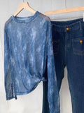 Zingj Shot Giant Beautiful Denim Blue Mesh Undershirt Women's Cuff Button Slit Thin Long-Sleeved T-Shirt Top