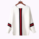 autumn new vertical stripe contrast loose pullover sweater women short bat sleeve