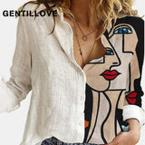 2021 Women Botton Vintage Polo-Neck Office Lady Spring Summer Loose Casual Cartoon Printing T-Shirt Long