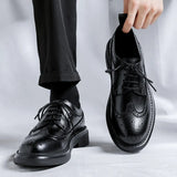 Zingj Vintage Round Head Cloth Block Carved Men's Fashion Business Casual Leather Shoes Increased Thick Bottom