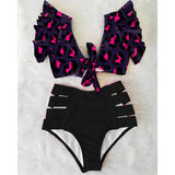 Ruffled Hem Bikini Set Women Flora V-Neck High-Waisted Two Piece Swimsuit 2023 Girl Beach Bathing Suit Swimwear