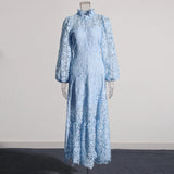 High-Level Elegant Lotus Leafy Dress 2025 Summer New Standing Collar Long Sleeves To Close The Waist Thin Hollow Dress Woman