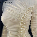 Women Elegant Folds Long Shirring Sleeves Beaded High Silt Midi Sexy Formal Party White