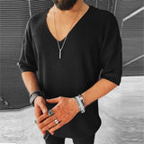 Short Sleeve V-neck Knit Sweater Solid Male Fashion Tops Pullover Streetwear 2021Men Autumn Casual Loose Sweaters