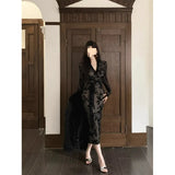 Sister Style Black Collar Long-Sleeved Dress Women Autumn Body Dress In The Long Dress Open Fork To Close The Waist Tight Lace