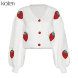 Fashion Elegant Cute Print Strawberry Single Breasted Sweater Women Autumn Thicken Warm Cardigan Sweater