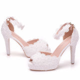 Cm Fish Mouth Waterproof Table Sandals Fine Heel Fish Mouth Sandals White Lace Wedding Shoes Large Size