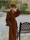 Spring Autumn Long Brown Black Striped Oversized Trench Coat for Women Belt Luxury Designer Clothes Runway Fashion