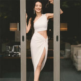 Summer New Women's Fashion Slanted Single Shoulder Hollow Solid Color Draw Folded Waist