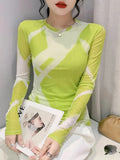 Fashion Printing Long-Sleeved Round Neck T-shirt Women Contrast Color Slim Double-Layer Mesh Tees