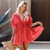 Summer White V neck Beach Dress Ruffles Solid Dresses Women Beachwear Bandeau Mini Dress Clothing For Women