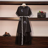 Size M-4XL 2 Piece Set New Summer Women Long Cotton T-shirt Dress +Mesh See Through Skirt Suits Letter Print Sweet