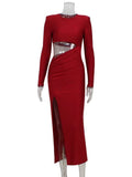 Red Solid Slit Long Sleeve Midi Dress- Outfit
