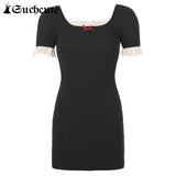 SUCHCUTE Summer Square Neck Retro Lace Patchwork Elegant Bodycon Dress Streetwear Ladies Short Sleeve Mini Dresses