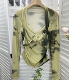 Explosion Tie-Dye-Print Long Sleeve Bottom Sexy Hottie V-Neck T-Shirt Folded Slimming Mesh Yarn Top
