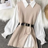 Zingj 2023 New Korean Version Of The Thin And Long Shirt With A Waist Knit Vest Two Sets Of Autumn And Winter Suit Women-Outfit